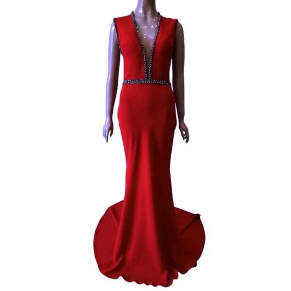 TARIK EDIZ 92607 Beaded 3-D Flower Back RED Dress Size 40/US 8 - Picture 2 of 14